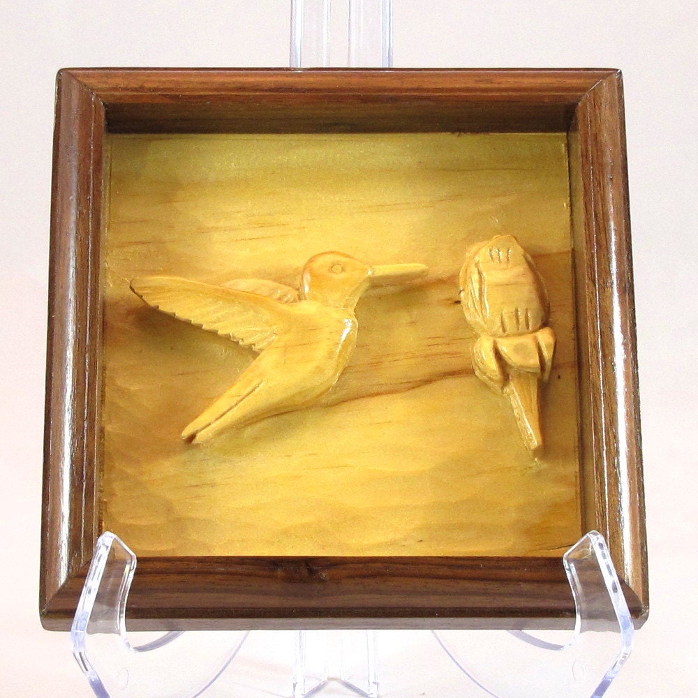 Relief Carving of a Hummingbird & Rose  - Handmade Walnut Frame