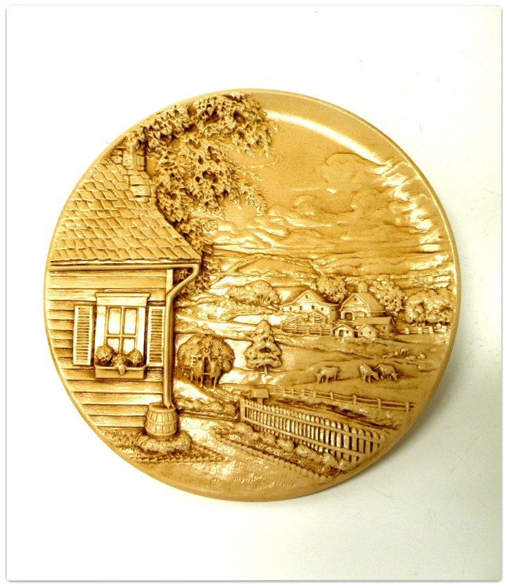 Vintage Farmhouse Amish Ceramic Plate, Earth Tone ,1980 Byron Mold, Signed, 3 Dimensional, Sepia