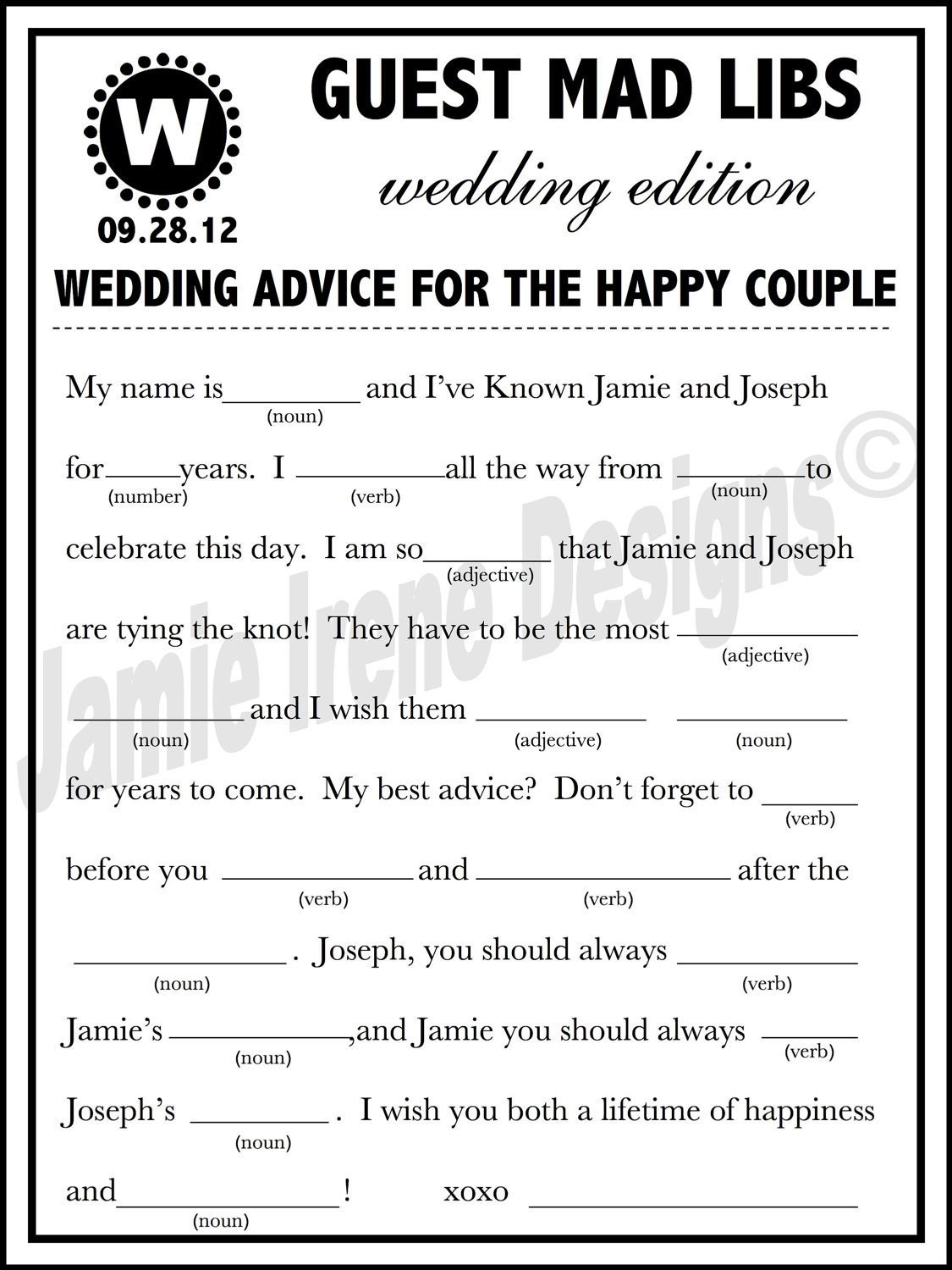 Fun Custom Designed Wedding Guest Book Alternative Wedding Mad Libs DIY Print-Ready