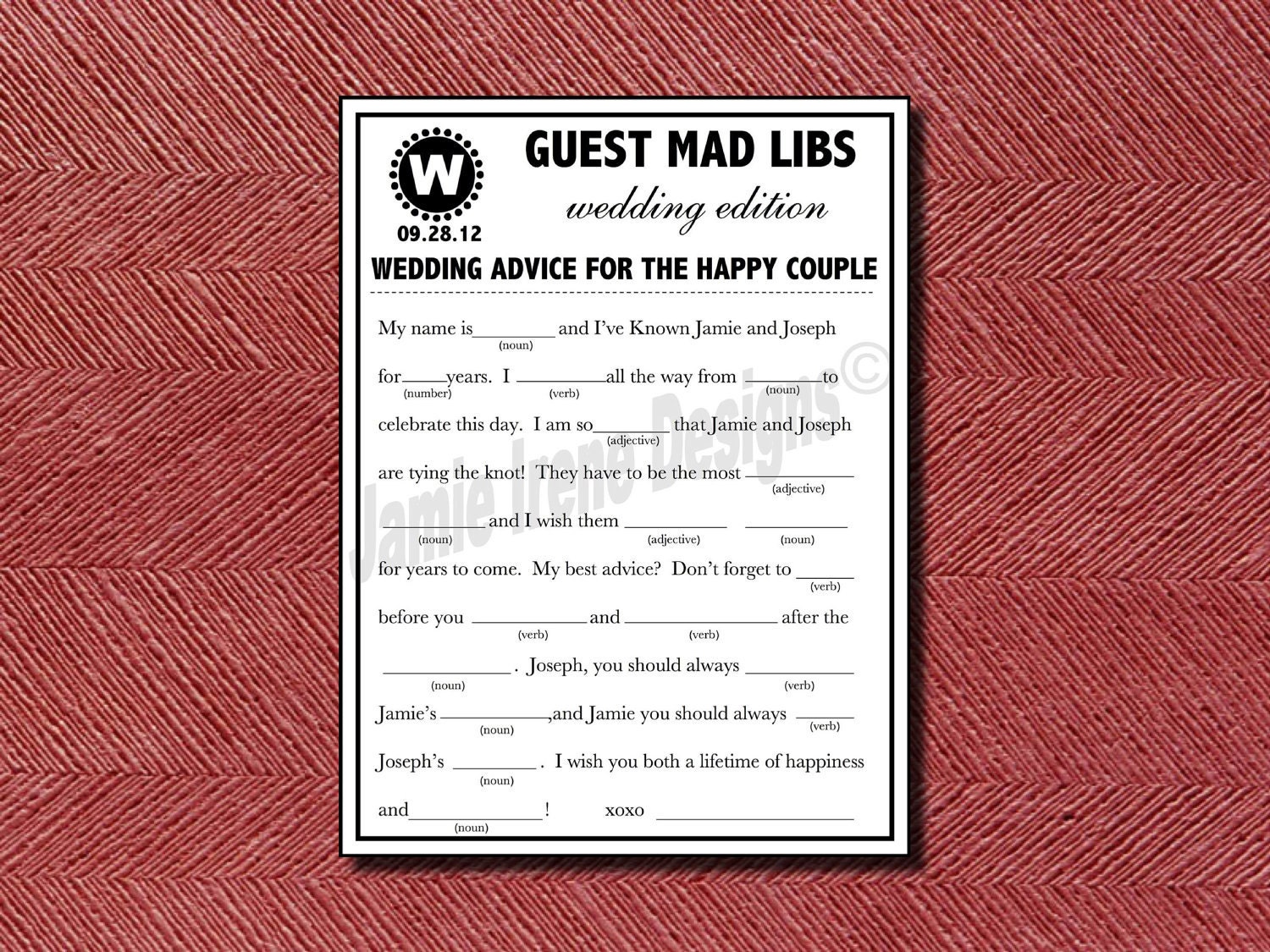 Fun Custom Designed Wedding Guest Book Alternative Wedding Mad Libs DIY Print-Ready
