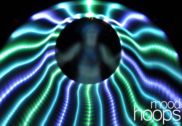 LED hula hoop - Muse 38in. - UV-white-green ribbon blue-white-green strobe, UV-white-blue ribbon, by Moodhoops