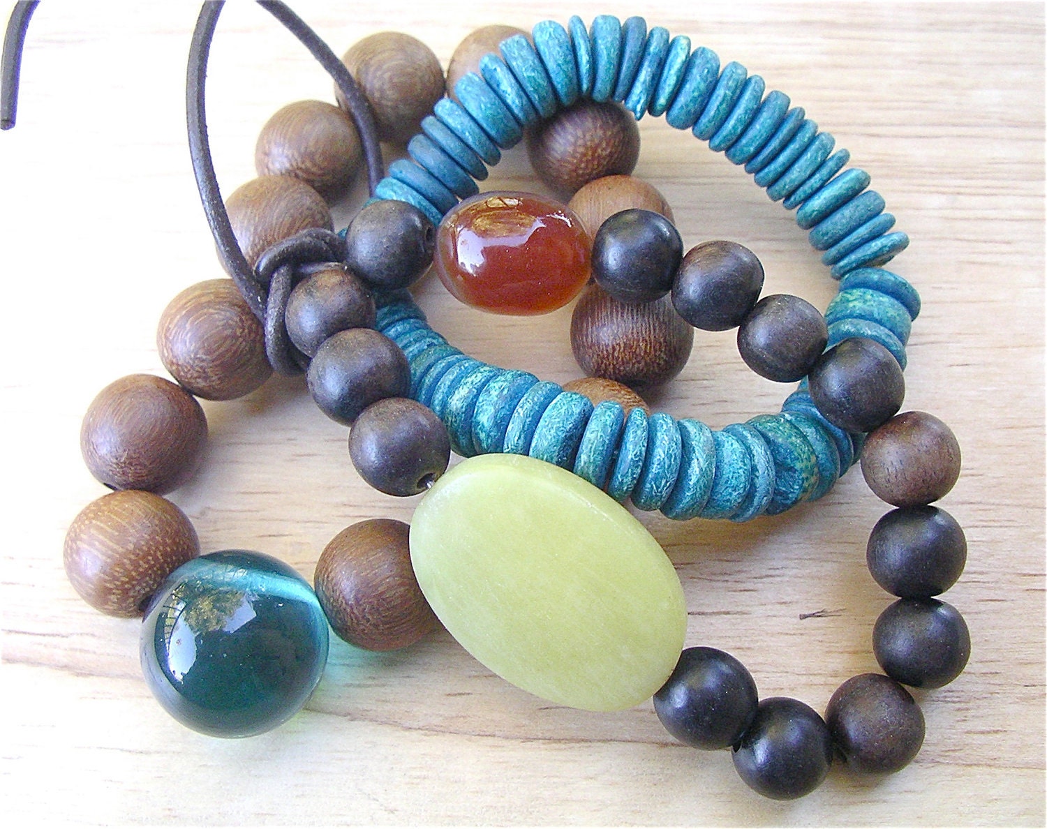 Vintage Turquoise Bracelet Chartreuse Bead Bracelet Multi Strand Wood Bracelet Chunky Bead Bracelet Vintage Wooden Bracelet Tropical Bracele