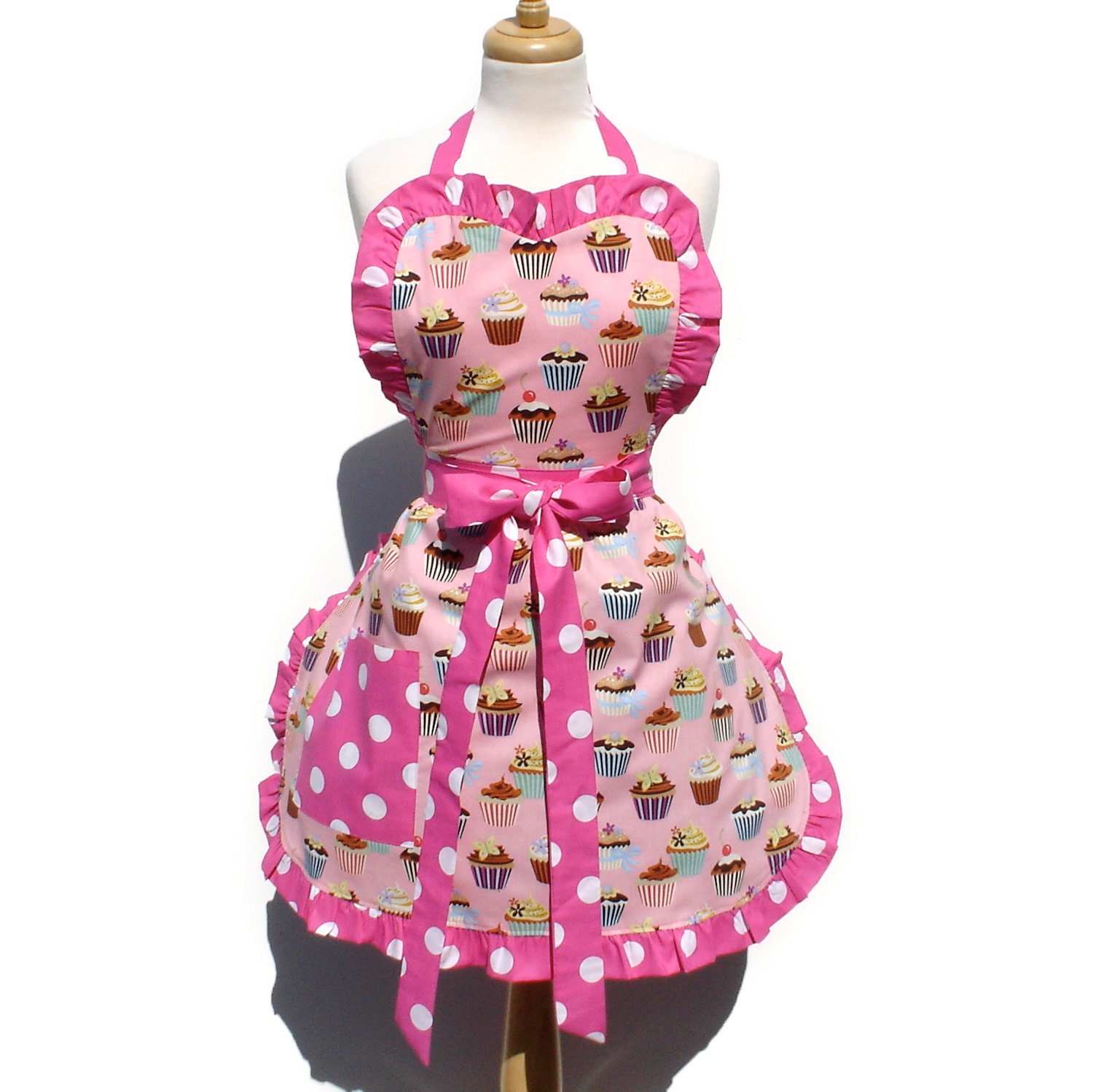 Pink & Dots Cupcake Deluxe Full Apron FREE SHIPPING