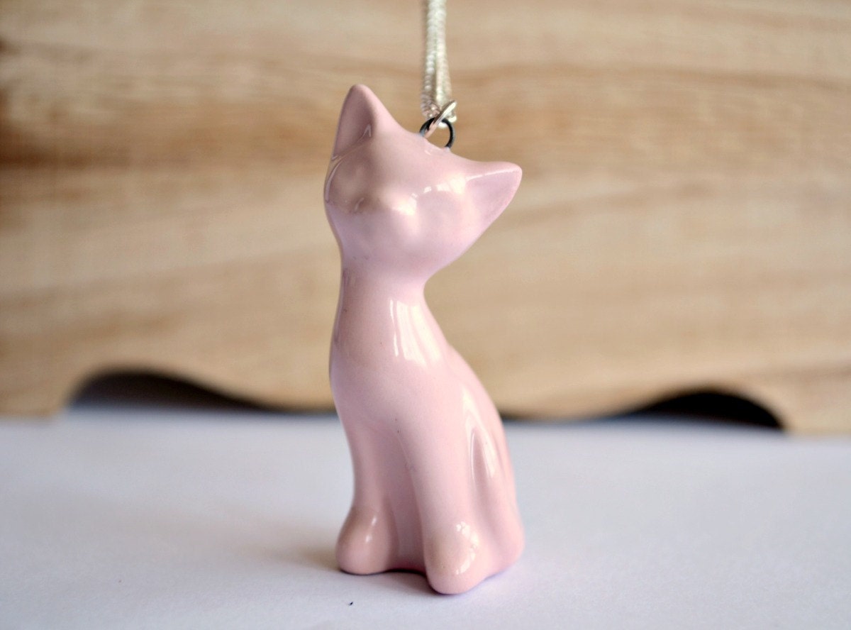 Handmade ceramic kitten in fine delicate shape - ceramic cat necklace pendant in pink - jewelry gift Etsy UK