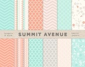 PERSONAL USE - digital scrapbook paper pack - 12 coral & mint modern designs - instant download