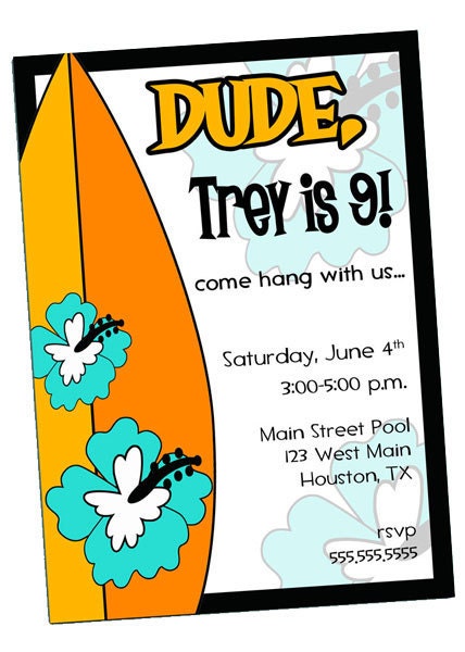PRINTABLE INVITATION Surf Surfer Dude Birthday Summer Pool Party