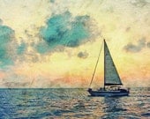 Sailing Along 11x14 Photography Print Sail Boat on the Ocean at Sunset Blues Orange Sky