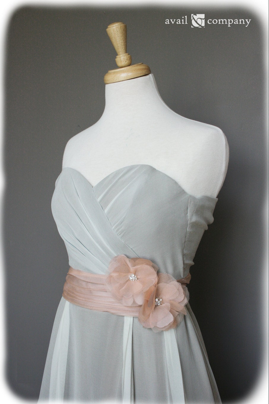 Strapless Vintage Style Silk Chiffon Dress with Fabric Flowers, Custom Made in your size