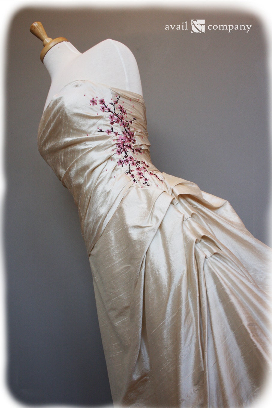 Cherry Blossom Wedding Dress Pink and Brown on Pearl Silk Duppioni, Custom Made in your size