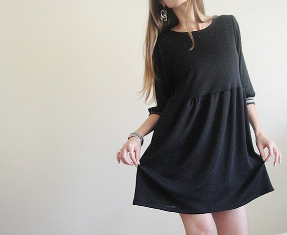 Short Winter Knit Dress Dark Charcoal Round Neck Half Long Sleeve Loosy Dress