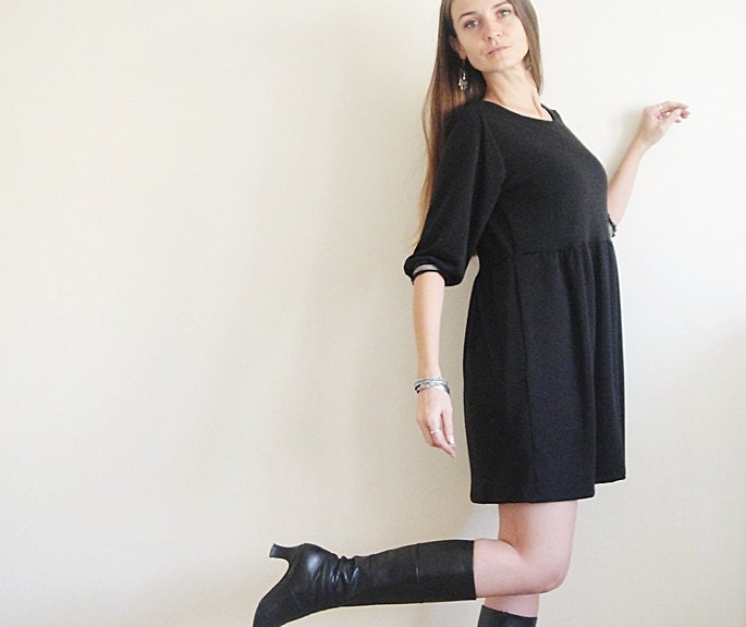 Short Winter Knit Dress Dark Charcoal Round Neck Half Long Sleeve Loosy Dress