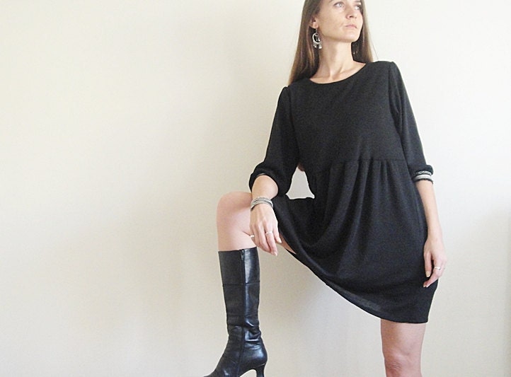 Short Winter Knit Dress Dark Charcoal Round Neck Half Long Sleeve Loosy Dress