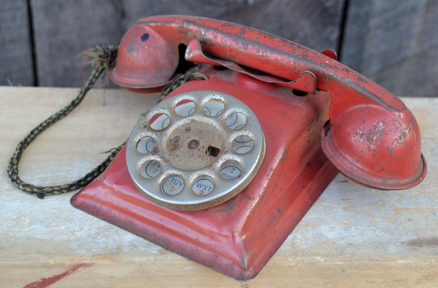 Toy Telephone Metal Red 1940's Dial Bell Chippy Shabby Collectible