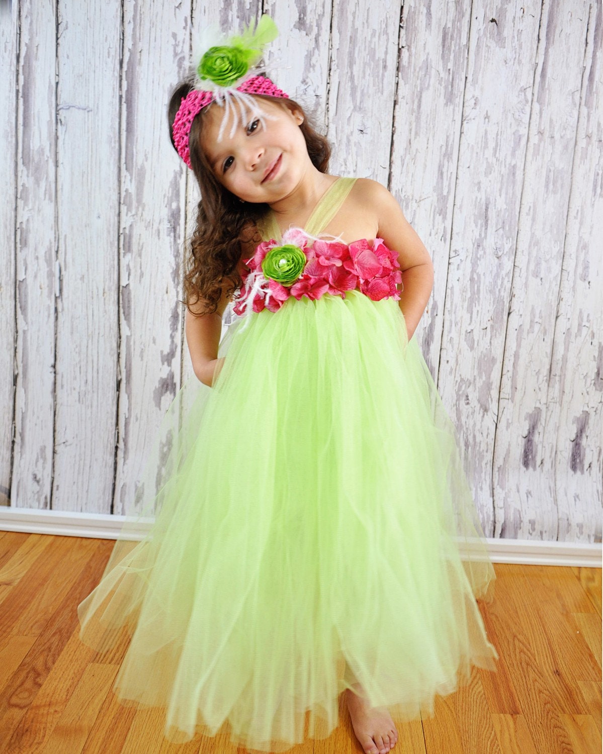 Apple green tutu halter Dress. Crocheted fuschia top w/fuschia hydrangeas.