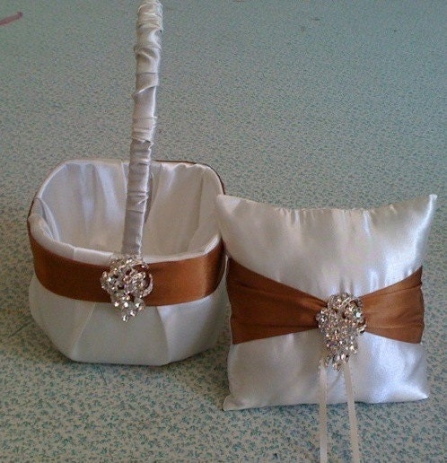 Ivory  with Rust Satin AccentsFlower Girl Basket and Ring bearer Pillow with Bling
