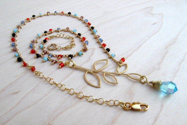 Gold crystal drop lariat necklace--aqua--delicate-Custom drop color -Original design-Low Shipping