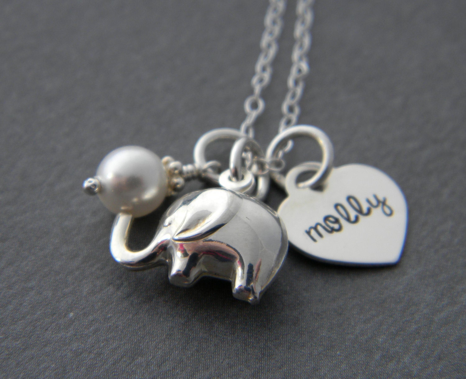 Little Elephant Hand Stamped Initial Necklace in Sterling Silver