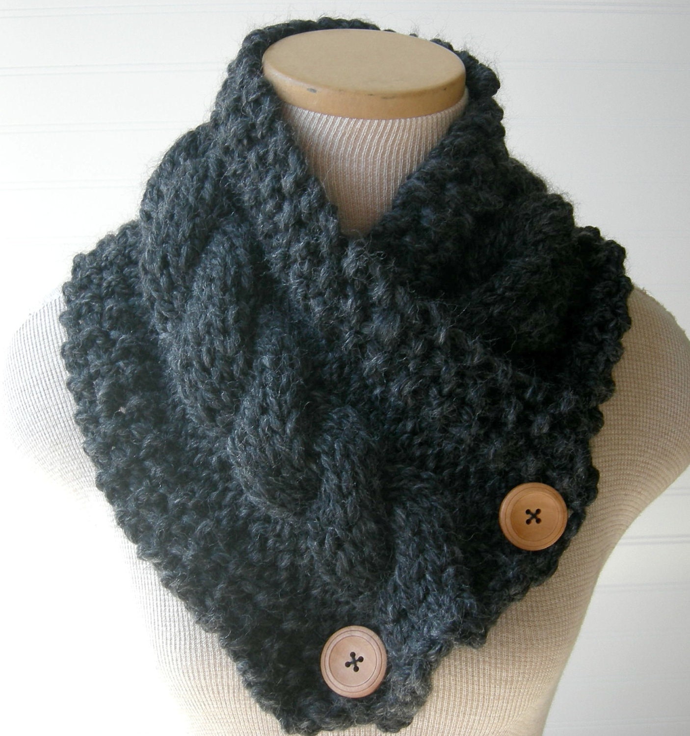 Charcoal Grey Knitted Chunky Scarf, Black Cowl Neckwarmer
