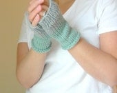 Knit Hand Warmers, Fingerless Gloves, Color Block Seafoam Green Grey
