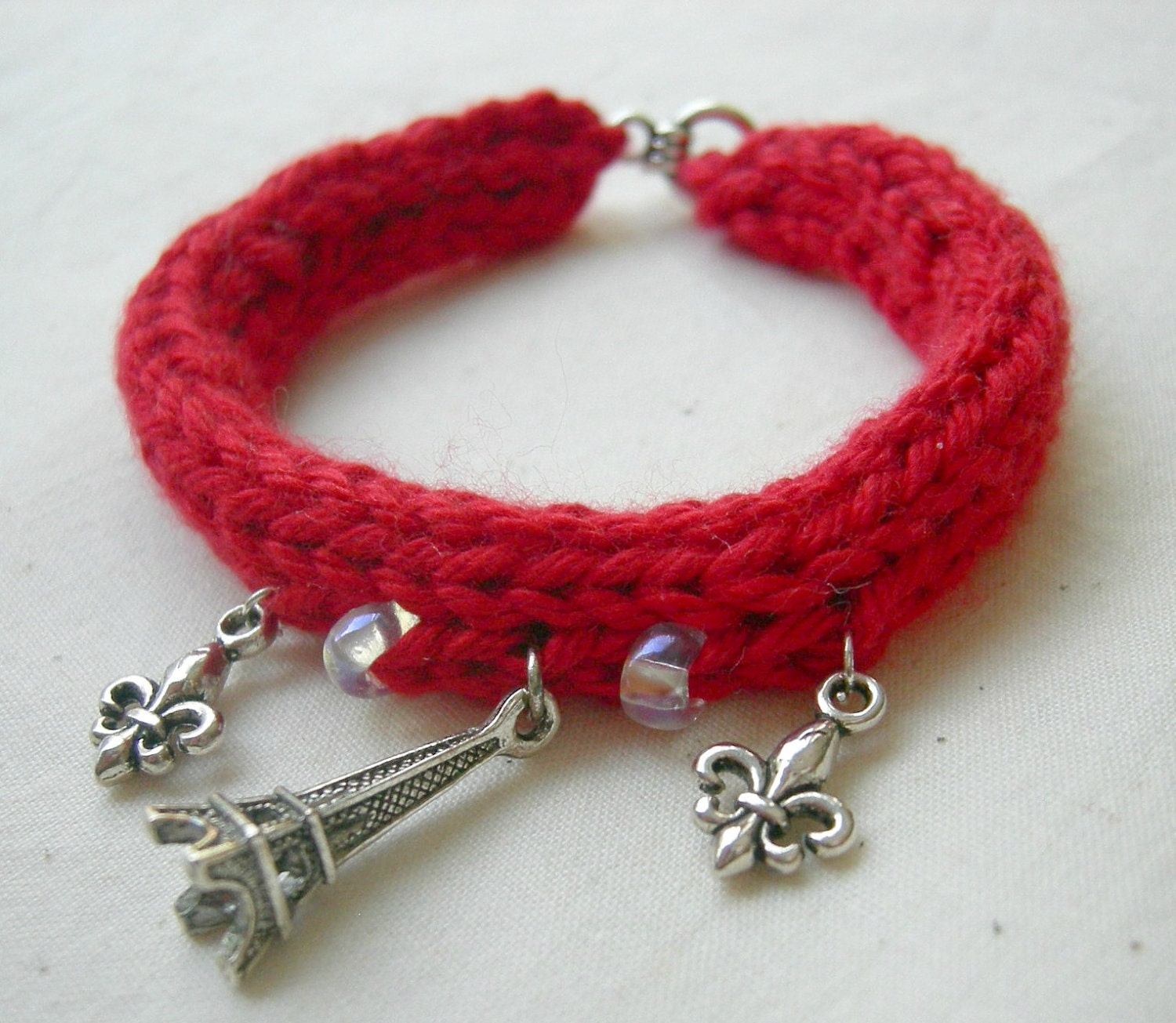 Red Rouge Paris Inspired Knitted Bracelet, Eiffel Tower charm