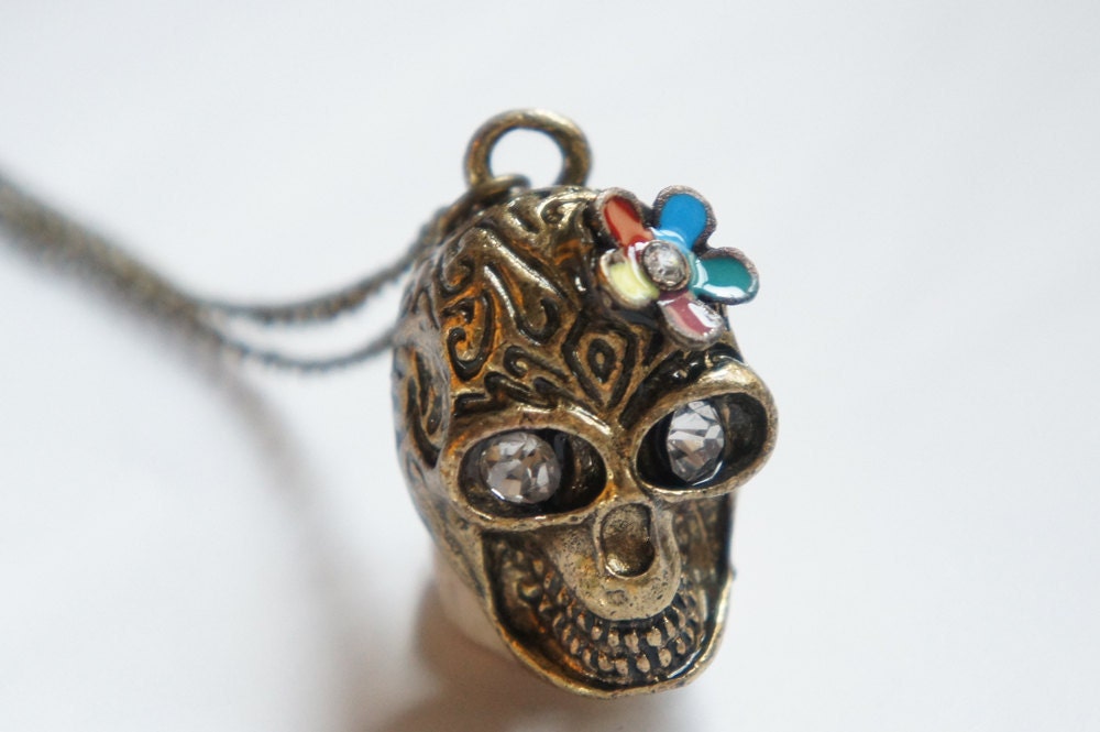 Tiny Rainbow Flower on Skull Necklace