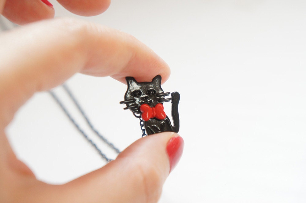 Tiny Black Kitty Cat in Red Bow Bow-tie Necklace