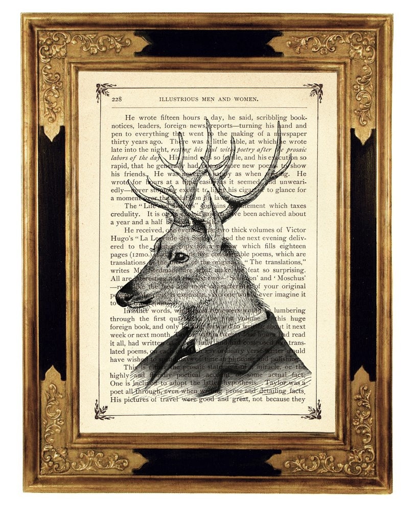 Deer Gentleman Portrait  - Vintage Victorian Book Page Art Print Steampunk