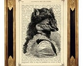 Fox Vixen Lady Portrait  - Vintage Victorian Book Page Art Print Steampunk