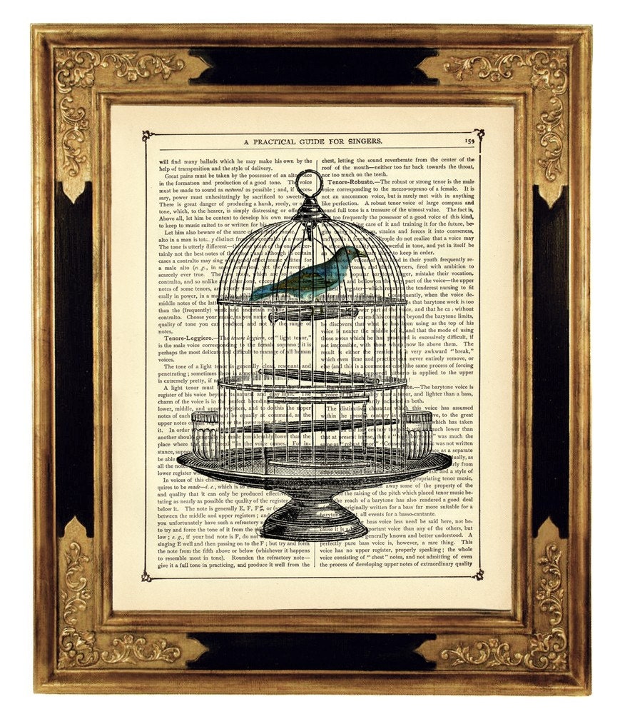 Birdcage III Blue Bird - Vintage Victorian Book Page Art Print Steampunk