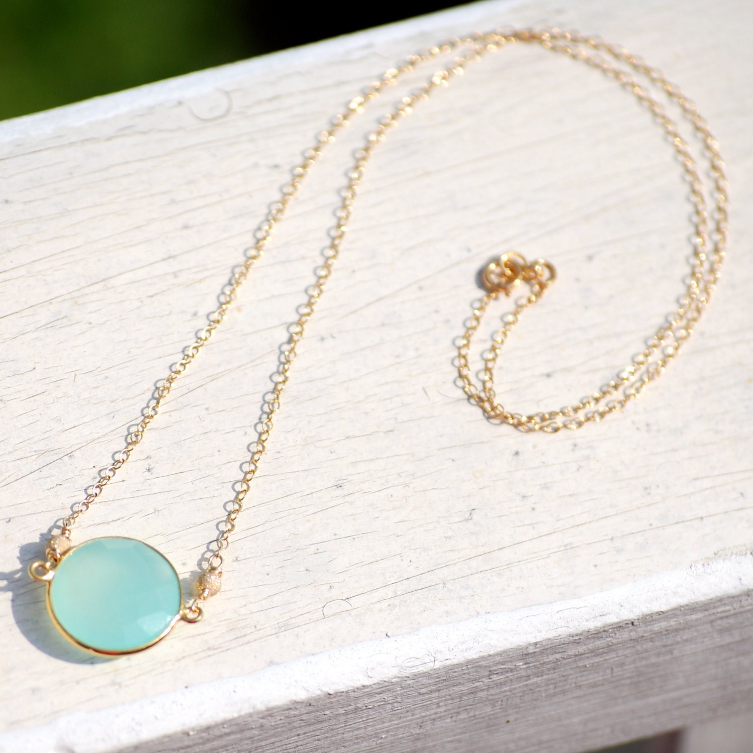 Faceted Bezel Set Aqua Blue Chalcedony Necklace - 14k Gold Filled Chain