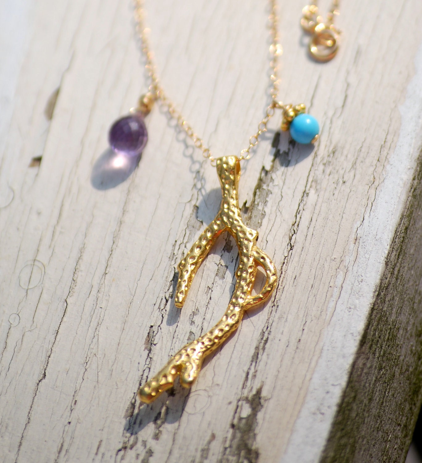 Gold Coral Branch Necklace with Turquoise and Amethyst