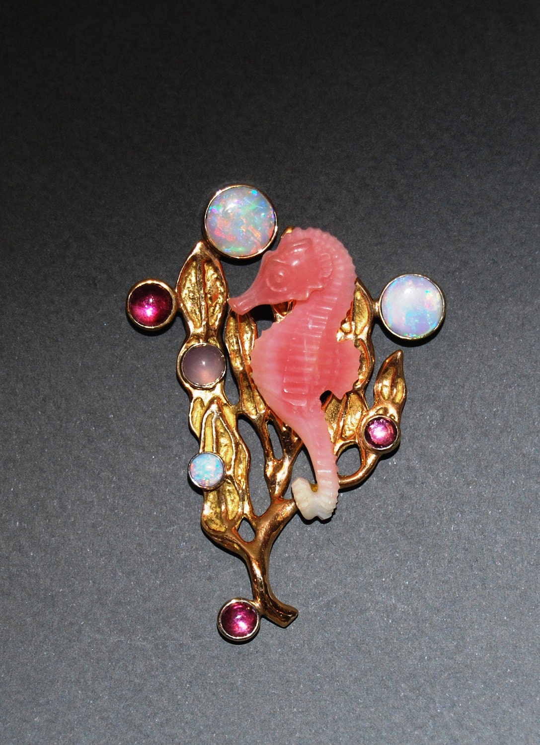 Pink Opal Seahorse Broach in 18kt