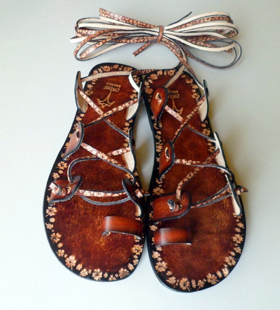 Lace Up  Flat  Sandals Greek Goddess Brown Leather With Flower Pattern Summer Sandals  - Glory
