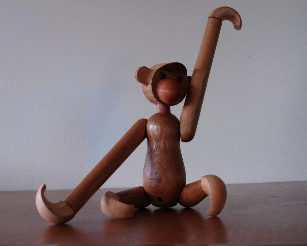 Kay Bojesen Style Monkey Danish Modern Mid Century Vintage Wooden Toy 1950s 50s