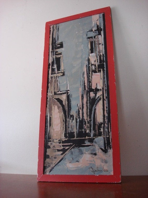 Abstract Parker Lee Mid Century Original Oil Painting Signed aka Lee Leibsohn Cityscape 50s