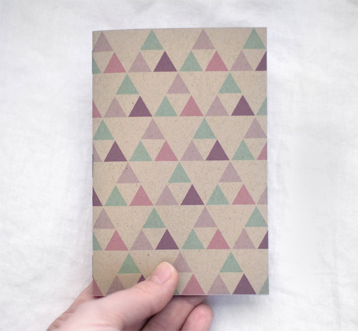 Eco Friendly Mini Notebook with Pencil, Brown Sketchbook - Geometric Patterns, Purple, Green, Pink Triangles
