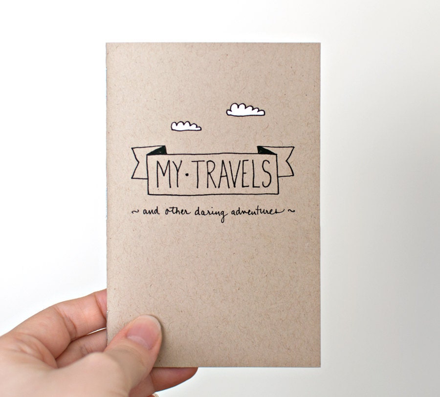 Travel Journal & Pencil Set, Recycled Pocket Size Notebook - My Travels and Daring Adventures - Brown White Clouds