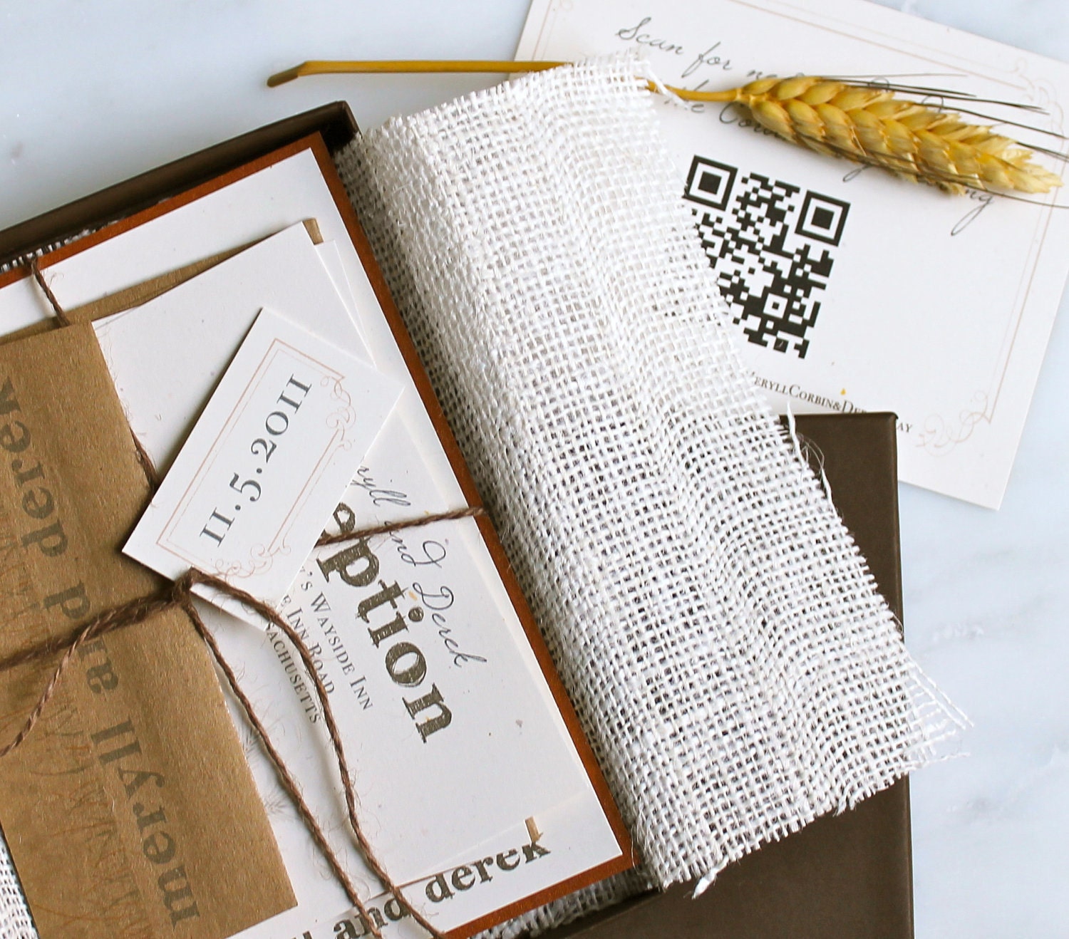 Wheat Stalk - Rustic, Chic, & Natural Boxed Wedding Invitation - Burlap, Twine - Purchase for a Sample