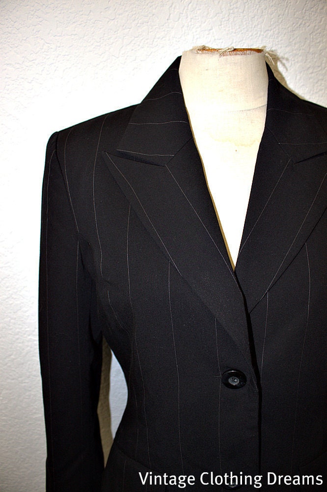 Vintage 1930s Suit Style Ladies Suit for the Flapper circa 1970s Vanilia Brand Jet Black Jacket Pants Stripes Peaked Lapels BR23