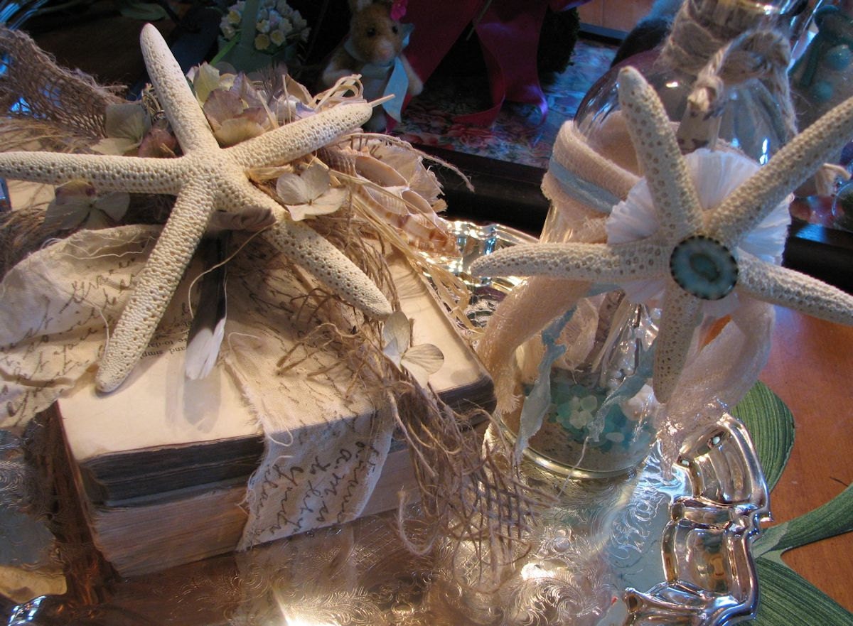 Shabby Book Bundle, Memories of the Sea Starfish, Hand Stamped Ribbon, Burlap