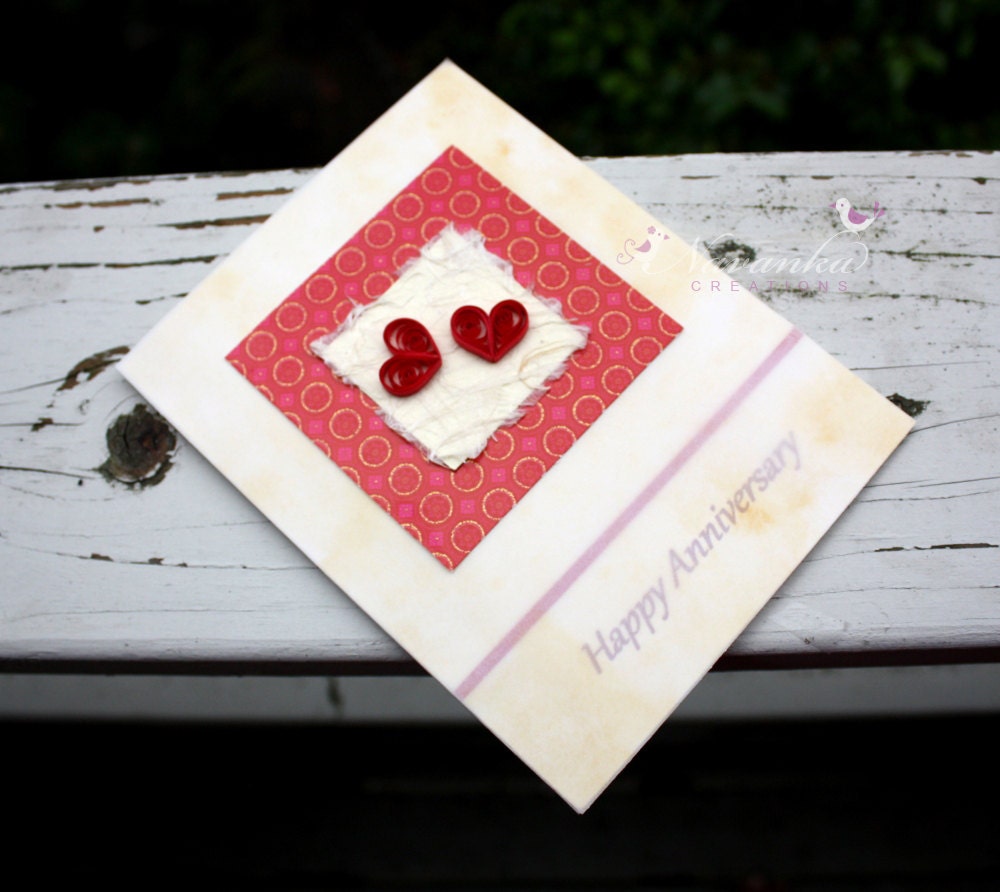 Elegant Handmade Anniversary Card with Paper Quilled Hearts