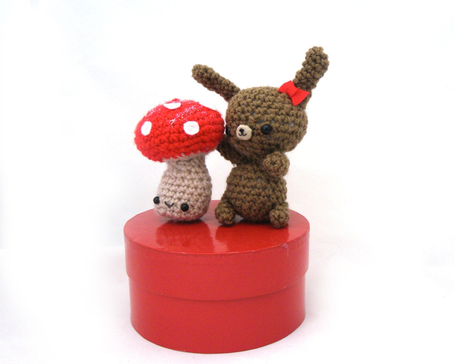 bunny mushroom toadstool glitter plush amigurumi easter basket crochet stuffed animal box gift set red white brown bow OOAK ready to ship