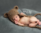Baby Brown Bear Hat with Ear Flaps and Long Ties--Perfect Newborn Photo Prop