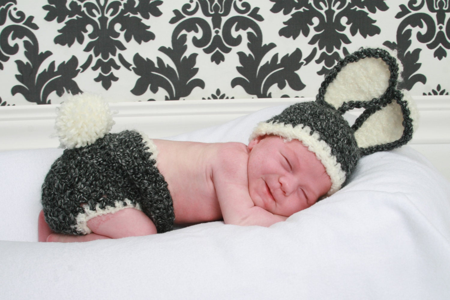 Baby Bunny Hat and Diaper Cover Set-Newborn Easter or Halloween Photo Prop