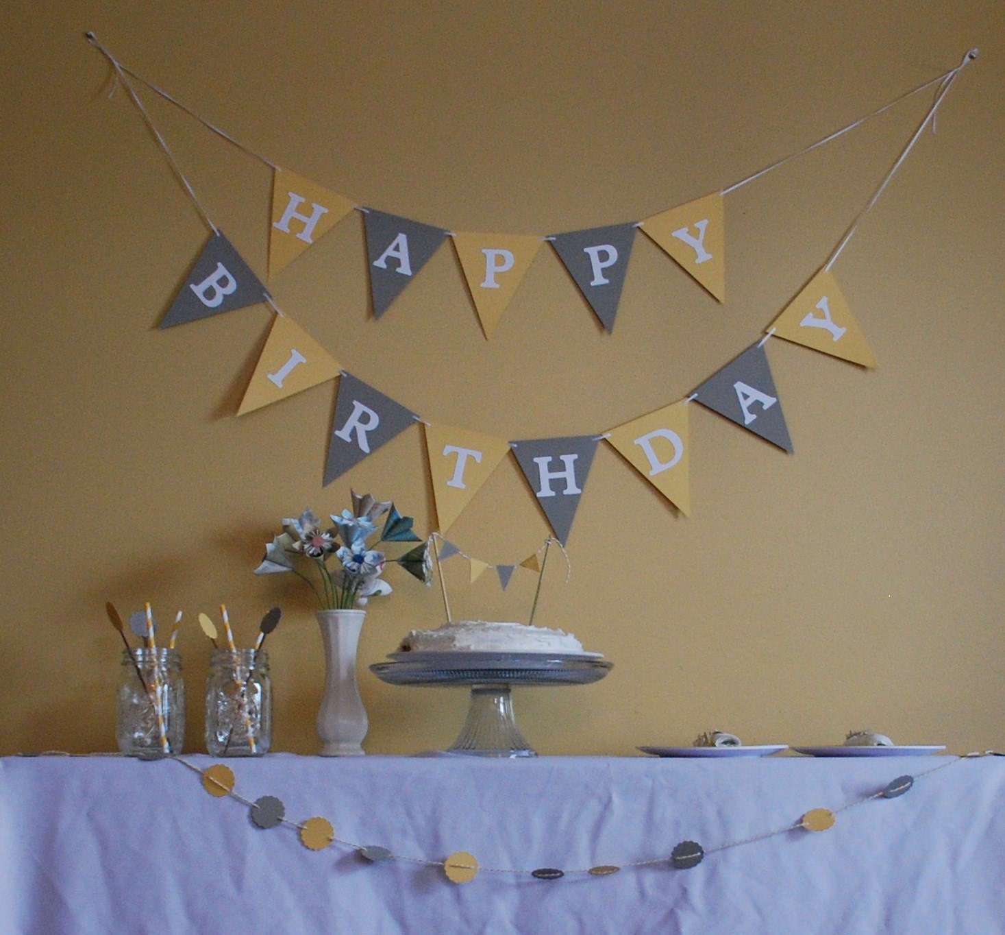 Birthday Banner Party Package, gray and yellow, customize your own Il_570xn