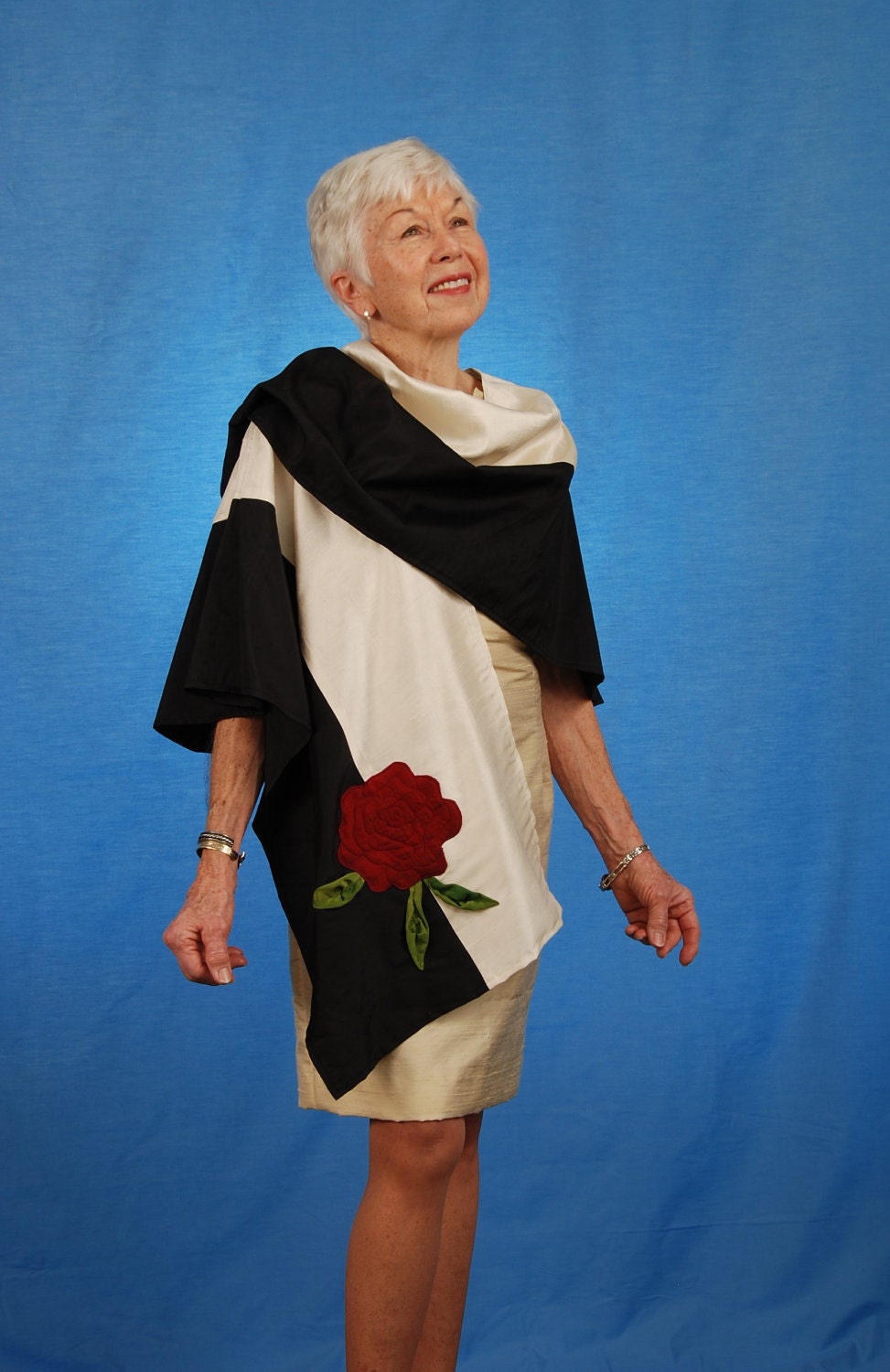 Black and Cream Silk Cape Wrap Art Jacket with Quilted Red Rose by MaryGwyneth Artwear