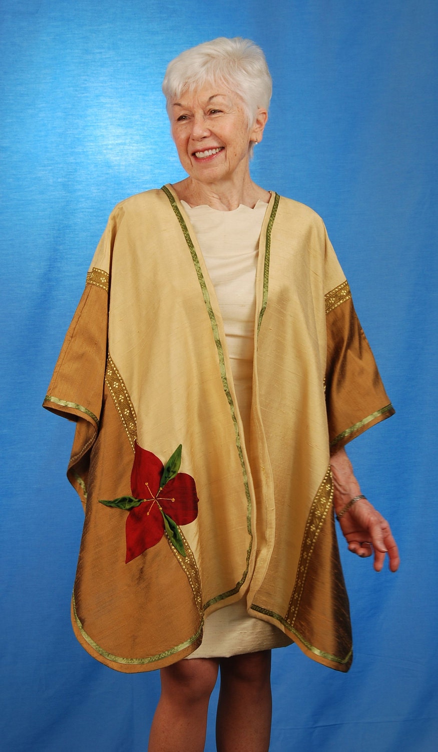 SAMPLE SALE Silk Wrap Shawl Cape Art Jacket in Cream, Gold, Red Trillium by MaryGwyneth Fine Wearable Art