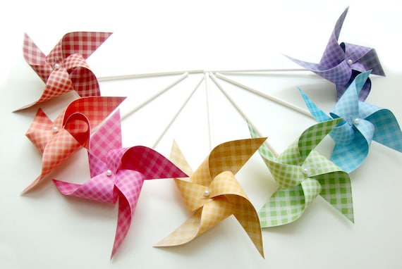 Pinwheels GINGHAM RAINBOW set of 7 mini pinwheels... Il_570xn