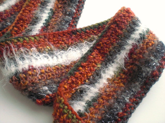 Hand crocheted boho scarf / autumn color / white / gray / rusty brick red / tattered Gypsy chic / multi color fiber / long fringe / OOAK - MaybeTheWhiteDog