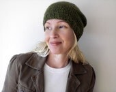 Knit slouchy wool hat / evergreen / olive green / forest green / autumn / winter / warm / urban rustic / roving wool / unisex